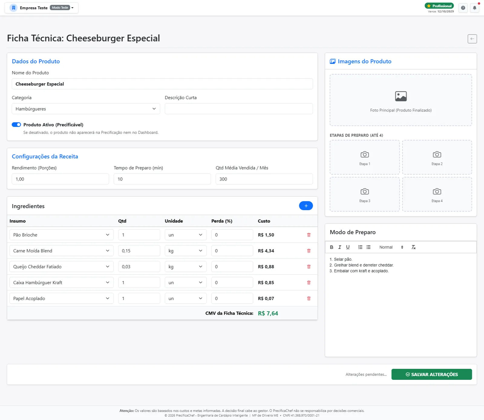Ficha técnica com ingredientes, quantidades, perdas e CMV da ficha técnica